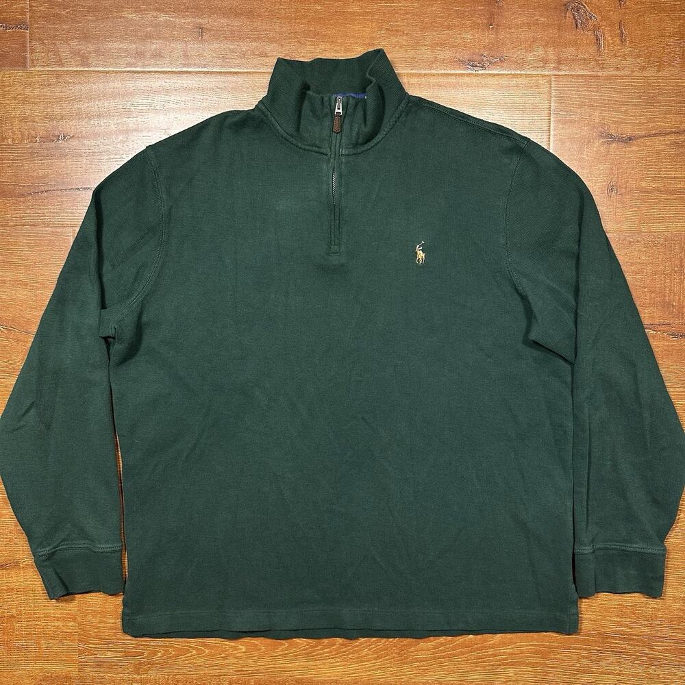 Ralph Lauren 1/4 Zip Sweater Mens L Green Classic Fit Flesh Pony Pullover Preppy